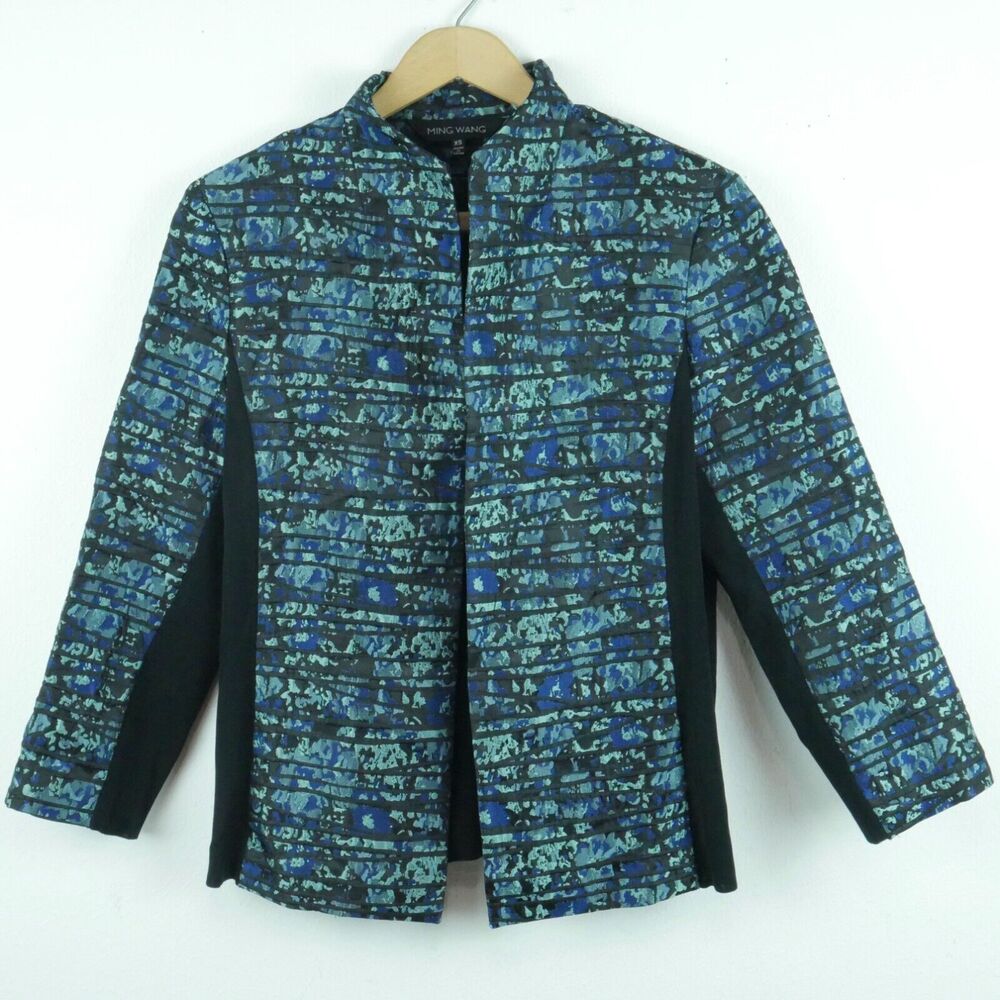 Ming Wang‎ XS Jacket Career Blazer Artsy Blue Print Mixed Media Open Elegant